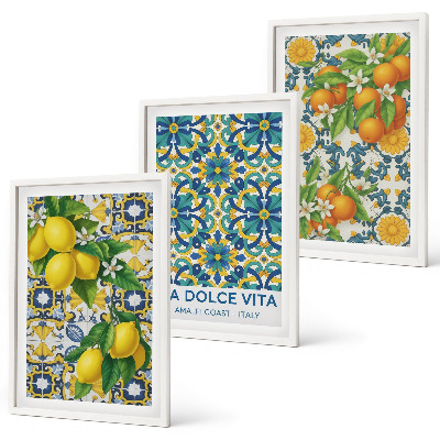 Conjunto de 3 quadros com moldura Limões, laranjas, flores, Itália