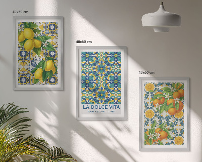 Conjunto de 3 quadros com moldura Limões, laranjas, flores, Itália