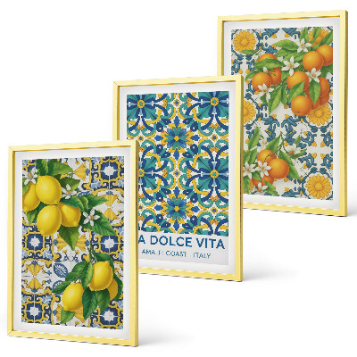 Conjunto de 3 quadros com moldura Limões, laranjas, flores, Itália