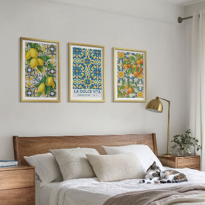 Conjunto de 3 quadros com moldura Limões, laranjas, flores, Itália