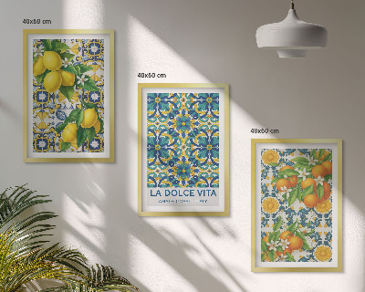Conjunto de 3 quadros com moldura Limões, laranjas, flores, Itália