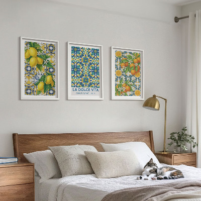 Conjunto de 3 quadros com moldura Limões, laranjas, flores, Itália