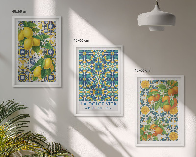 Conjunto de 3 quadros com moldura Limões, laranjas, flores, Itália