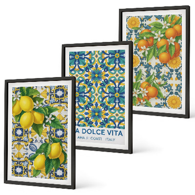 Conjunto de 3 quadros com moldura Limões, laranjas, flores, Itália