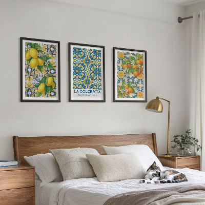 Conjunto de 3 quadros com moldura Limões, laranjas, flores, Itália