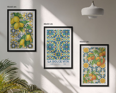 Conjunto de 3 quadros com moldura Limões, laranjas, flores, Itália