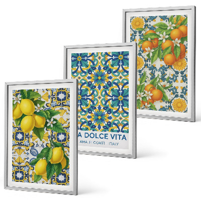 Conjunto de 3 quadros com moldura Limões, laranjas, flores, Itália