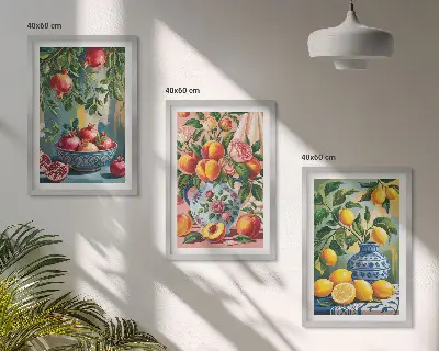 Conjunto de 3 quadros com moldura com a composição dos frutos da romã