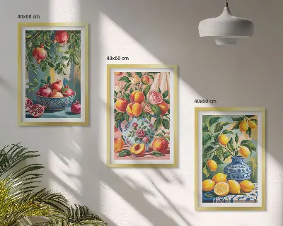 Conjunto de 3 quadros com moldura com a composição dos frutos da romã