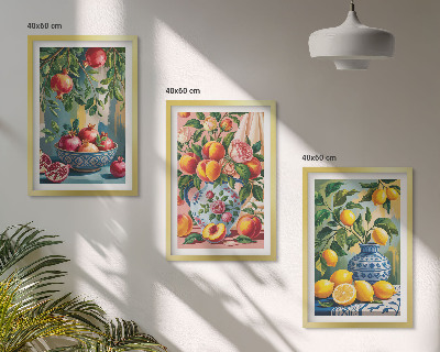 Conjunto de 3 quadros com moldura Composição dos frutos da romã