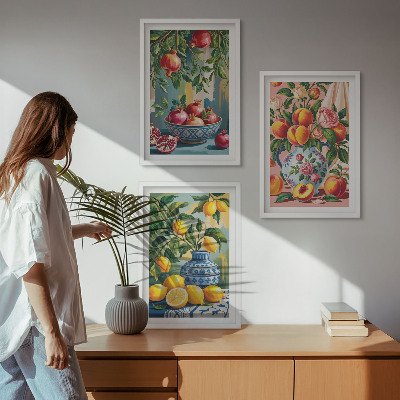 Conjunto de 3 quadros com moldura Composição dos frutos da romã