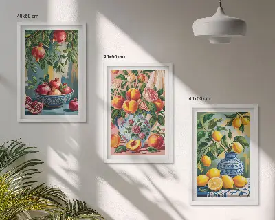 Conjunto de 3 quadros com moldura com a composição dos frutos da romã