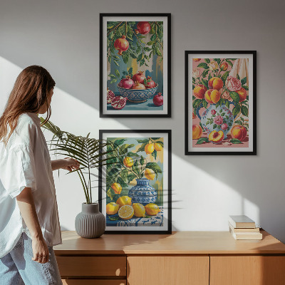Conjunto de 3 quadros com moldura Composição dos frutos da romã