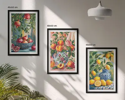 Conjunto de 3 quadros com moldura com a composição dos frutos da romã