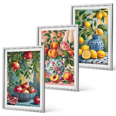 Conjunto de 3 quadros com moldura Composição dos frutos da romã