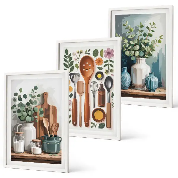 Conjunto de 3 quadros com moldura de acessórios de cozinha à base de plantas