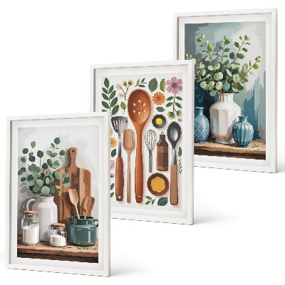 Conjunto de 3 quadros com moldura Acessórios de cozinha à base de plantas