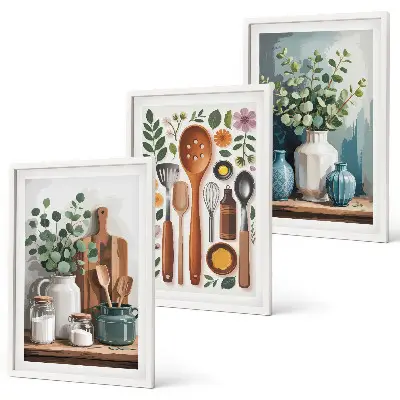 Conjunto de 3 quadros com moldura de acessórios de cozinha à base de plantas