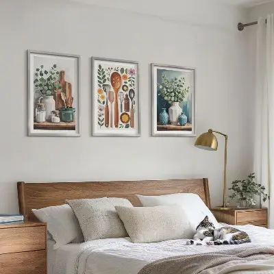 Conjunto de 3 quadros com moldura de acessórios de cozinha à base de plantas