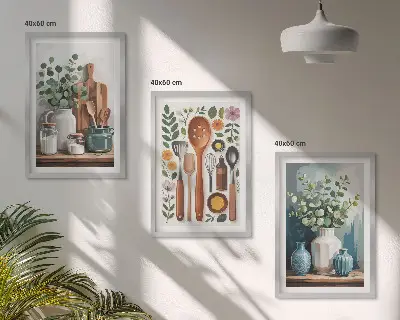 Conjunto de 3 quadros com moldura de acessórios de cozinha à base de plantas