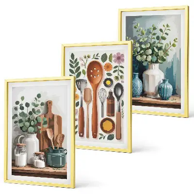 Conjunto de 3 quadros com moldura de acessórios de cozinha à base de plantas