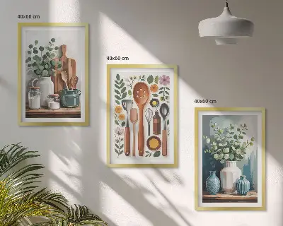Conjunto de 3 quadros com moldura de acessórios de cozinha à base de plantas