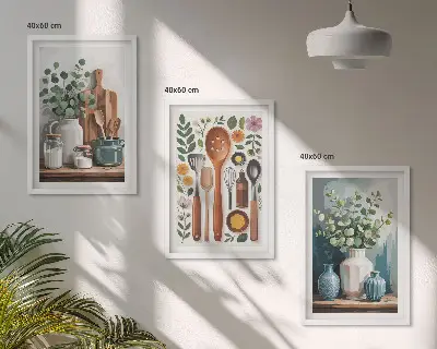 Conjunto de 3 quadros com moldura de acessórios de cozinha à base de plantas