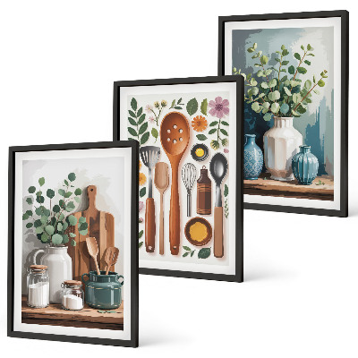 Conjunto de 3 quadros com moldura Acessórios de cozinha à base de plantas