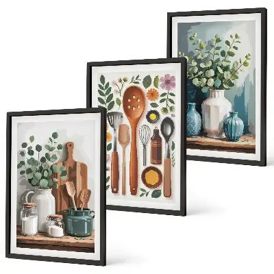 Conjunto de 3 quadros com moldura de acessórios de cozinha à base de plantas