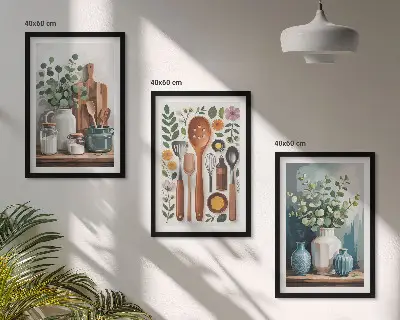 Conjunto de 3 quadros com moldura de acessórios de cozinha à base de plantas