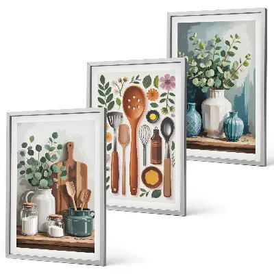 Conjunto de 3 quadros com moldura de acessórios de cozinha à base de plantas