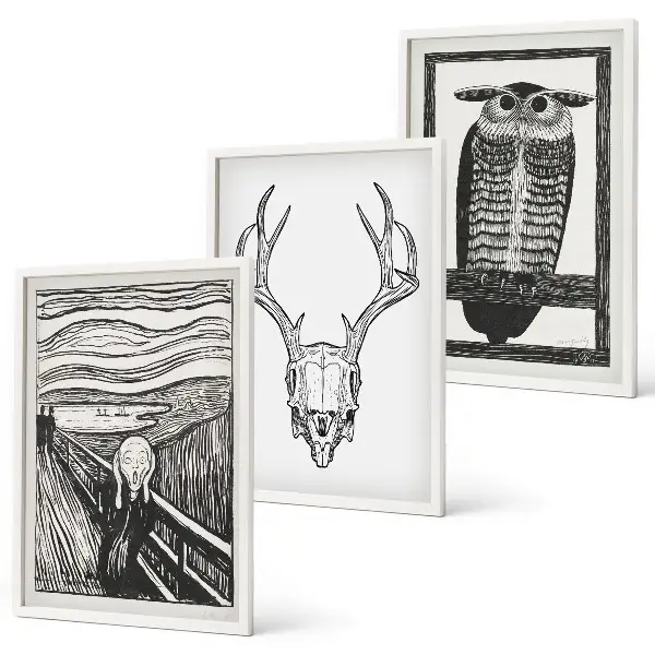 Conjunto de quadros decorativos para sala de estar com estampa de coruja e caveira