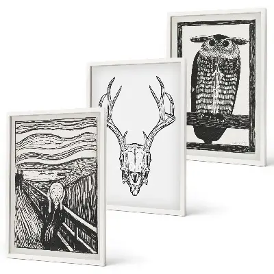 Conjunto de quadros decorativos para sala de estar com estampa de coruja e caveira