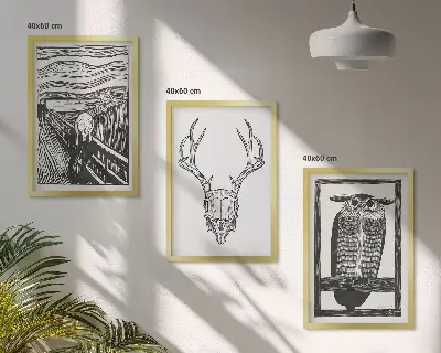Conjunto de quadros decorativos para sala de estar com estampa de coruja e caveira