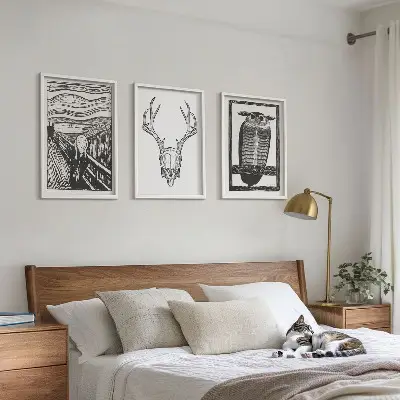 Conjunto de quadros decorativos para sala de estar com estampa de coruja e caveira