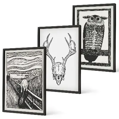 Conjunto de quadros decorativos para sala de estar com estampa de coruja e caveira