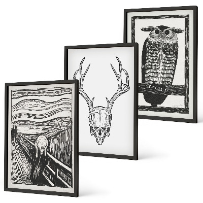 Conjunto de quadros para sala de estar Gráficos de coruja com caveira gritando