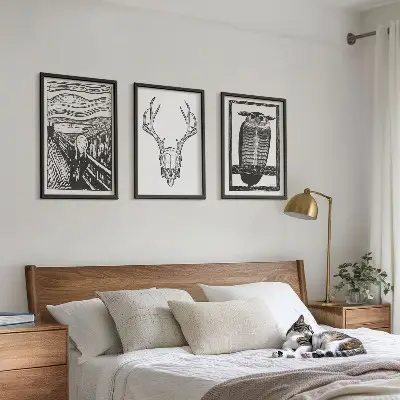 Conjunto de quadros decorativos para sala de estar com estampa de coruja e caveira