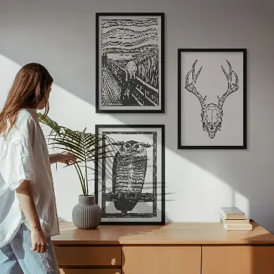 Conjunto de quadros decorativos para sala de estar com estampa de coruja e caveira