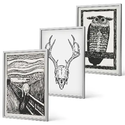 Conjunto de quadros decorativos para sala de estar com estampa de coruja e caveira
