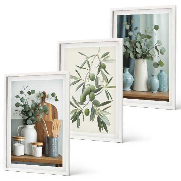 Composição de quadros moderna azeitonas verdes eucalipto
