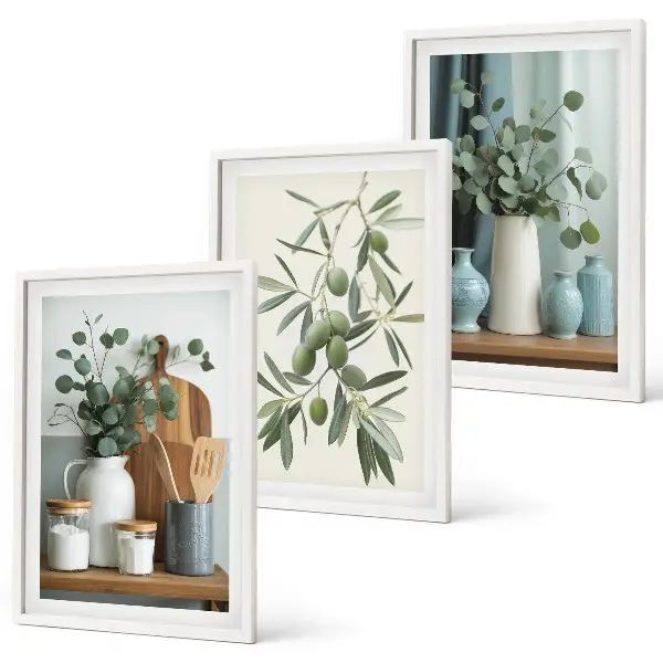Composição de quadros moderna com azeitonas verdes e eucalipto