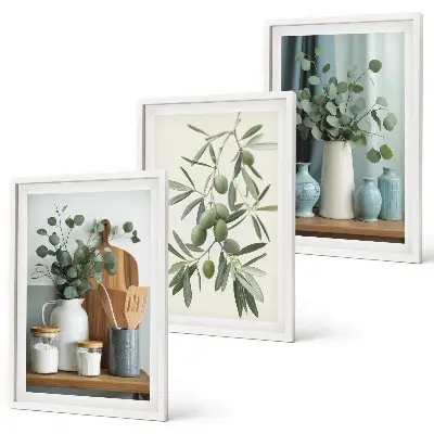 Composição de quadros moderna com azeitonas verdes e eucalipto