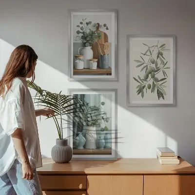 Composição de quadros moderna com azeitonas verdes e eucalipto