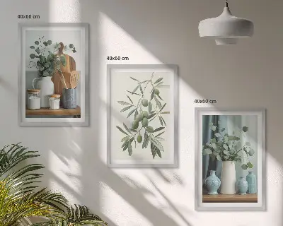 Composição de quadros moderna com azeitonas verdes e eucalipto