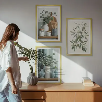 Composição de quadros moderna com azeitonas verdes e eucalipto