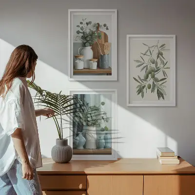 Composição de quadros moderna com azeitonas verdes e eucalipto