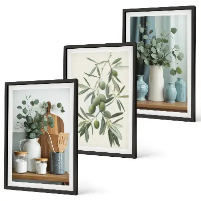 Composição de quadros moderna com azeitonas verdes e eucalipto