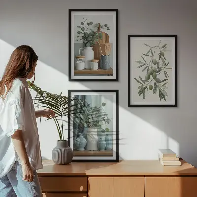 Composição de quadros moderna com azeitonas verdes e eucalipto