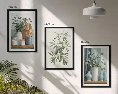 Composição de quadros moderna com azeitonas verdes e eucalipto